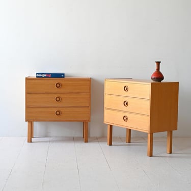 Pair of Vintage Scandinavian Teak Nightstands with Three Drawers and Sculpted Wooden Knobs, 1960s 