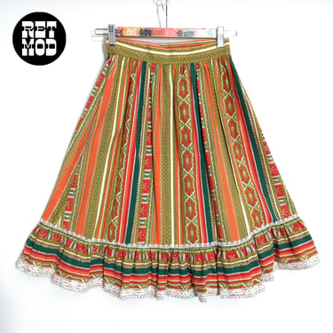 Lovely Vintage 50s 60s 70s Orange Green Patterned Stripe Mid-Length Cotton Skirt 