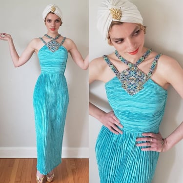 1980s Mary McFadden Couture Turquoise Pleated Halter Gown Egyptian Goddess Style Beaded Embroidery Small 