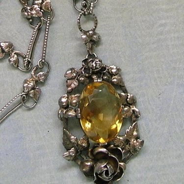 Antique Art Nouveau Sterling Necklace with Citrine Glass, Sterling Germany Necklace, Sterling Arts and Craft Necklace With Roses (#4558) 