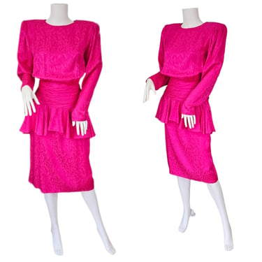 Argenti 1980's Neon Pink Silk Jacquard Dress I Sz Med 