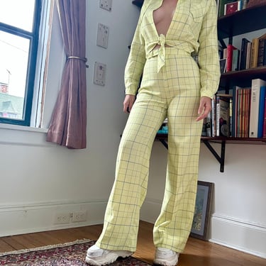 1970s Yellow and Blue Plaid Pant Set 