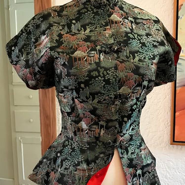 Chic 1950's Asian Black Brocade Blouse with Flirty peplum and Red Lining  Size Medium 