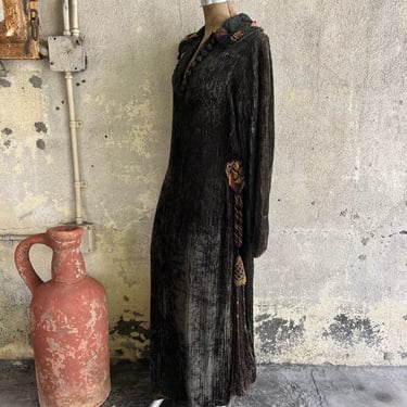 Antique 1920s Erté Era Corded Silk Velvet Dress Colorful Embroidered Tassels Vtg