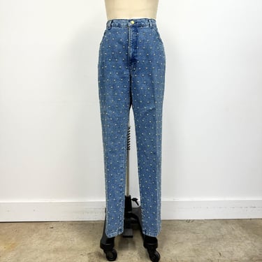 Vintage Gold Studded Jeans | 80s High Waisted Straight Leg Jeans with Gold Metal Studs | size 14 