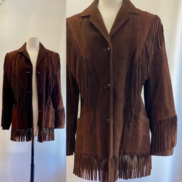 Vintage 70s Suede Coat / FRINGE Cowgirl Jacket / Chocolate Brown Leather + Mustard Lining / Pockets + Leather Buttons / Pioneer Wear / M 