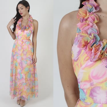 Colorful 70s Rainbow Chiffon Maxi Gown, Vintage Neon Halter Top Dress, Open Back Sexy Cocktail Party Outfit 