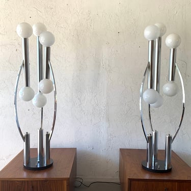 Pair Large 1970's Mid Century Modern Space Age Chrome Globe 6  Light Table Lamps 
