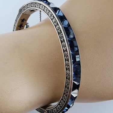 Vintage 1930s Art Deco Sterling Silver Hinged Blue Paste Rhinestone Crystal Bangle Bracelet 