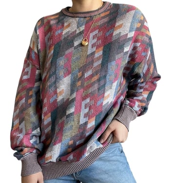 Vintage St. Croix Knits Rainbow Geometric Cotton Crewneck Oversized Sweater Sz M 