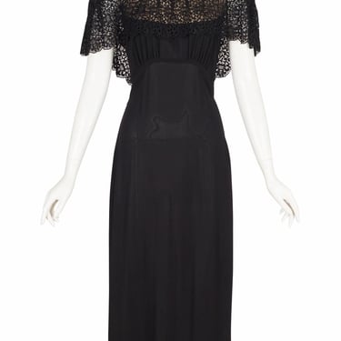 Eisenberg Originals 1940s Vintage Scalloped Lace Collar Black Rayon Crepe Gown 