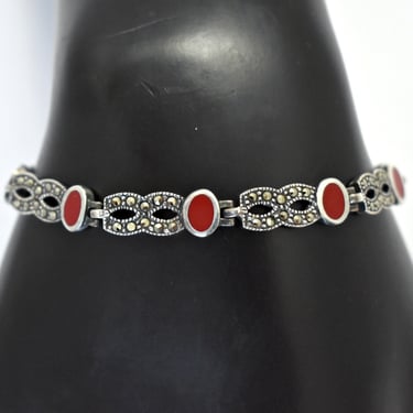 Art Deco 80's sterling coral pyrite figure 8 bling bracelet, 925 silver marcasite infinity links 