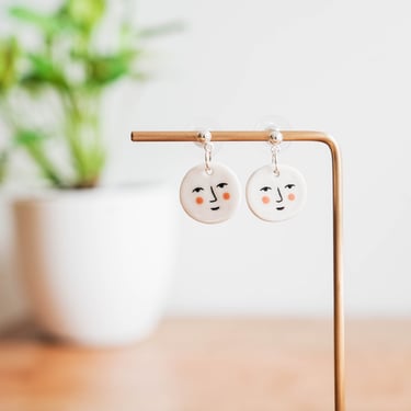 Mini Ceramic Face Earrings, Cute Porcelain Jewelry, Illustrated Jewelry, Face Drop Earrings, Delicate Pushback Earring, Unique Handmade Gift 