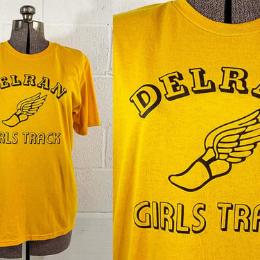 Vintage T-Shirt 90s Jerzees Delran Girls Track Single Stitch Short Sleeve Tee Shirt Yellow 1990s Rocker Hipster Punk Medium Large XL 