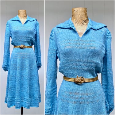 Vintage 1960s Blue Hand Knit Sweater Dress with Puffed Balloon Sleeves and Flared Skirt, Medium 