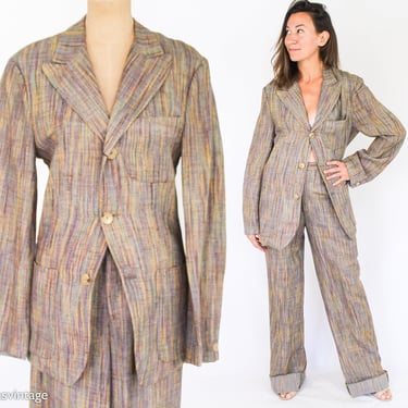 1980s Striped Linen Blend Pant Suit | 80s Brown Woven Pantsuit | Missoni | Medium 