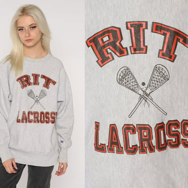 RIT Lacrosse Sweatshirt 90s Rochester Institute of Technology Shirt University Sports College Sweater Vintage Grey Champion Mens Medium M 