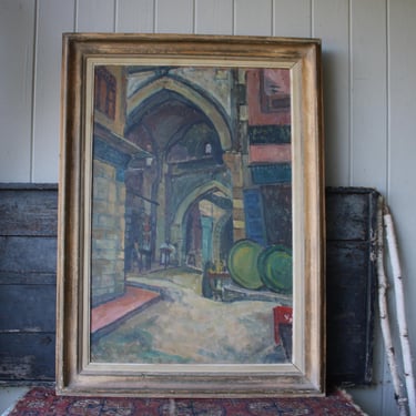 Vintage Middle Eastern Egypt Painting Oil on Board Street Scene 