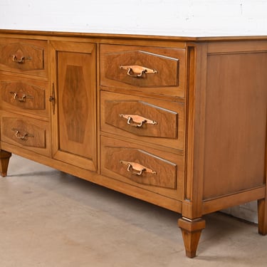 Romweber Mid-Century Hollywood Regency Walnut and Burl Wood Long Dresser or Credenza, Circa 1960s