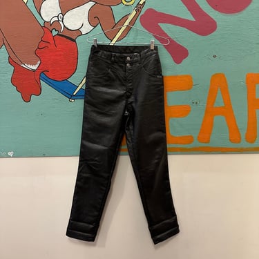 1990s Black Pleather Coated Rockies Jeans / High Waist / Ms Rocky Mountain / Medium / High Waist / 28 Waist / Mom Jeans / Denim / wax / dip 