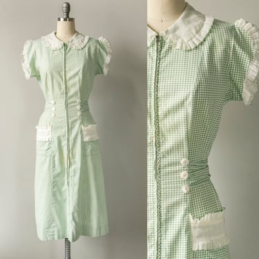 1930s Dress Cotton Gingham Green M 