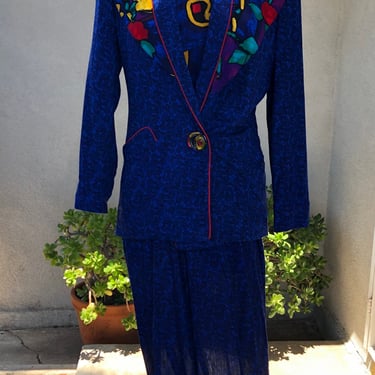 Vintage Platinum by Dorothy Schoelen 1980s pants suit blazer top pant blues multi colors sz 4P 