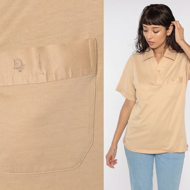 Christian DIOR Shirt 80s Polo Shirt Tan Designer Short Sleeve Half Button Up Shirt Pocket Tee 1980s Vintage Retro Collared Small Medium 