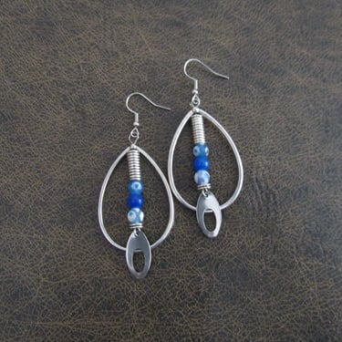 Tibetan agate and silver tear drop hoop earrings 