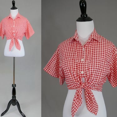 80s Red White Gingham Check Blouse - Front Tie Waist - Cotton - Niki-Lee California - Vintage 1980s - S 