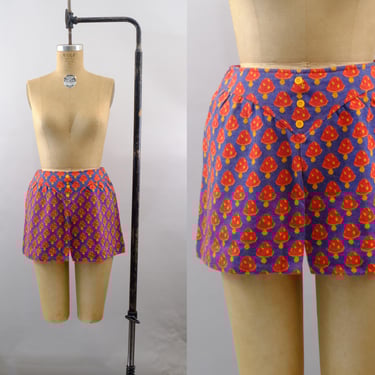 Vintage 70s Mushroom Print Skort – Purple and Red Terry Blend Shorts – Button Front – Size M 