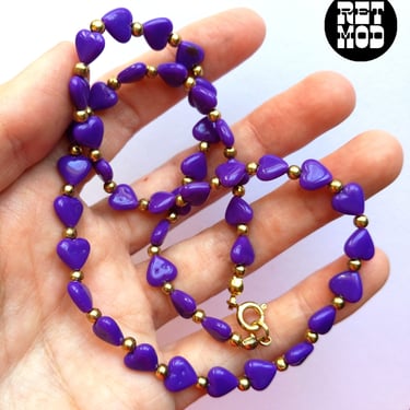 Super Cute Vintage 80s Purple Hearts Beaded Necklace 
