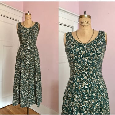 1990's Muted Green Floral Midi Dress 