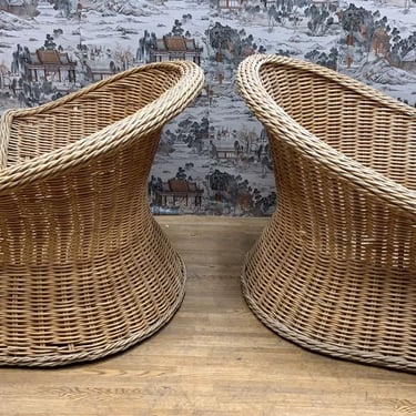  Vintage Oversized Wicker Tub Chairs and Table Set - 3 Piece Set