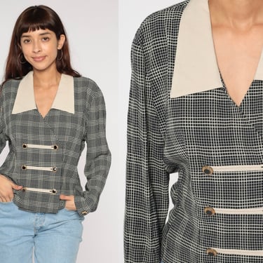 Plaid Blouse 90s Black White Checkered Top Double Breasted Button Up Shirt Retro Boho Collared Long Sleeve Secretary Vintage 1990s Large 14 