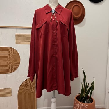 Vintage 90s Silky Red Oversized Long Sleeve Button Down Shirt 32W 