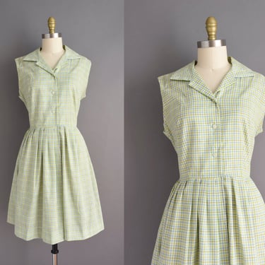 1950s dress | Adorable Classic Green Plaid Print Sleeveless Summer Dress | Large | 50s vintage dress 