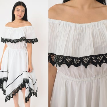 Vintage White Peasant Dress 80s Boho Midi Mexican Dress Off Shoulder Sundress Lace Trim Scarf Hem 1980s Bohemian Hippie High Waist Small 