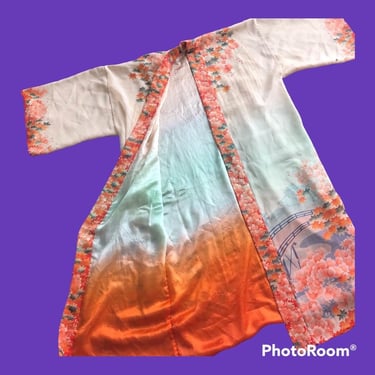 Elegant 1920's Silk Crepe Asian Robe with Heavenly ombre' Silk Satin Lining! 
