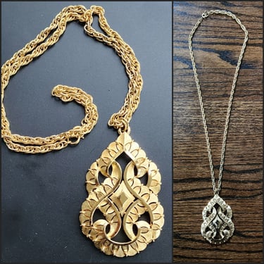 60s Trifari Gold Chunky Pendant Necklace Baroque Swirl 