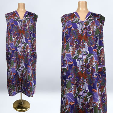 VINTAGE 60s 70s Purple Floral Op-Art House Dress with Hip Pockets Plus Size Volup | 1960s 1970s Zip Front Smock Dress | VFG 