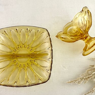 Two Vintage Amber Yellow Glass Serving Dishes, One Small Scalloped Pedestal Bowl and One Small Square Divided Dish 