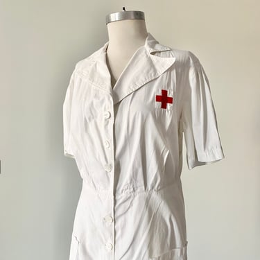 Vintage 1940s Nurse Uniform Dress / WWII Era Nurse Uniform / WWII Red Cross Nurse Uniform / White Cotton Red Cross Nurse Uniform Dress 