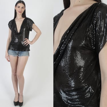 Whiting And Davis Blouse, Black Chainmail Blouse, NWT Vintage Designer Blouse, Sexy Disco Party 