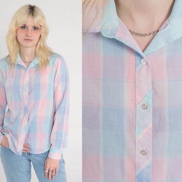Pastel Plaid Blouse 80s Button Up Shirt Thin Retro Long Sleeve Top Collared Preppy Blouse Nerd Pink Blue Aqua Checkered Vintage Medium 