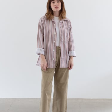 Vintage Pink Green Striped Shirt Jacket | Unisex Flannel Stripe Cotton Pajama Chore shirt | M L | SJ034 