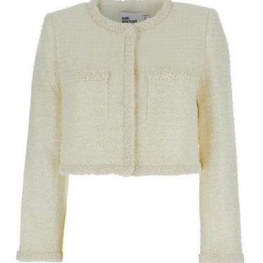 Self-Portrait White Crewneck Jacket With Sequin And Faux-Pearls Embellishments In Tech Fabric Woman
