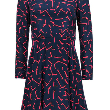 Shoshanna - Navy &amp; Red Silk Printed Long Sleeve Mini Dress Sz 0