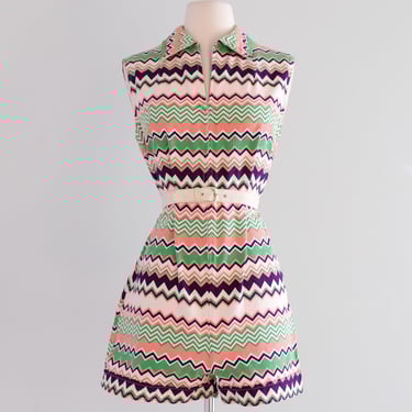 Vintage 1960's Zig-Zag Canvas Cotton Romper / M