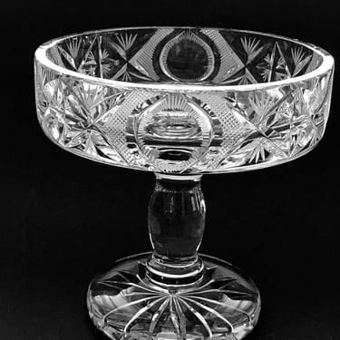 Unusual Antique Cut Glass Compote Bowl - Heavy Pedestal Fruit Dish, Elegant Vintage Tabletop Display 