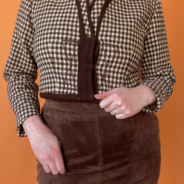 1940s Cropped Brown Plaid Blazer, sz. M